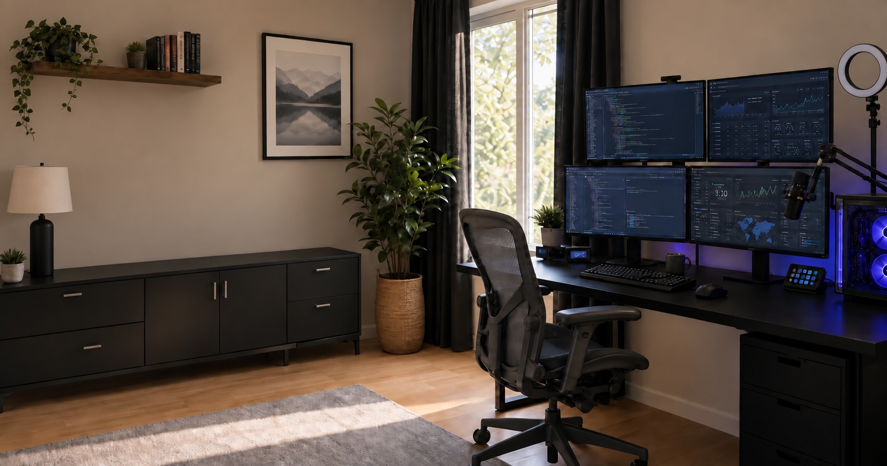 A sunlit workspace with four monitors, the table lamp and Elgato light switched off. Explore the objects to discover the portfolio.